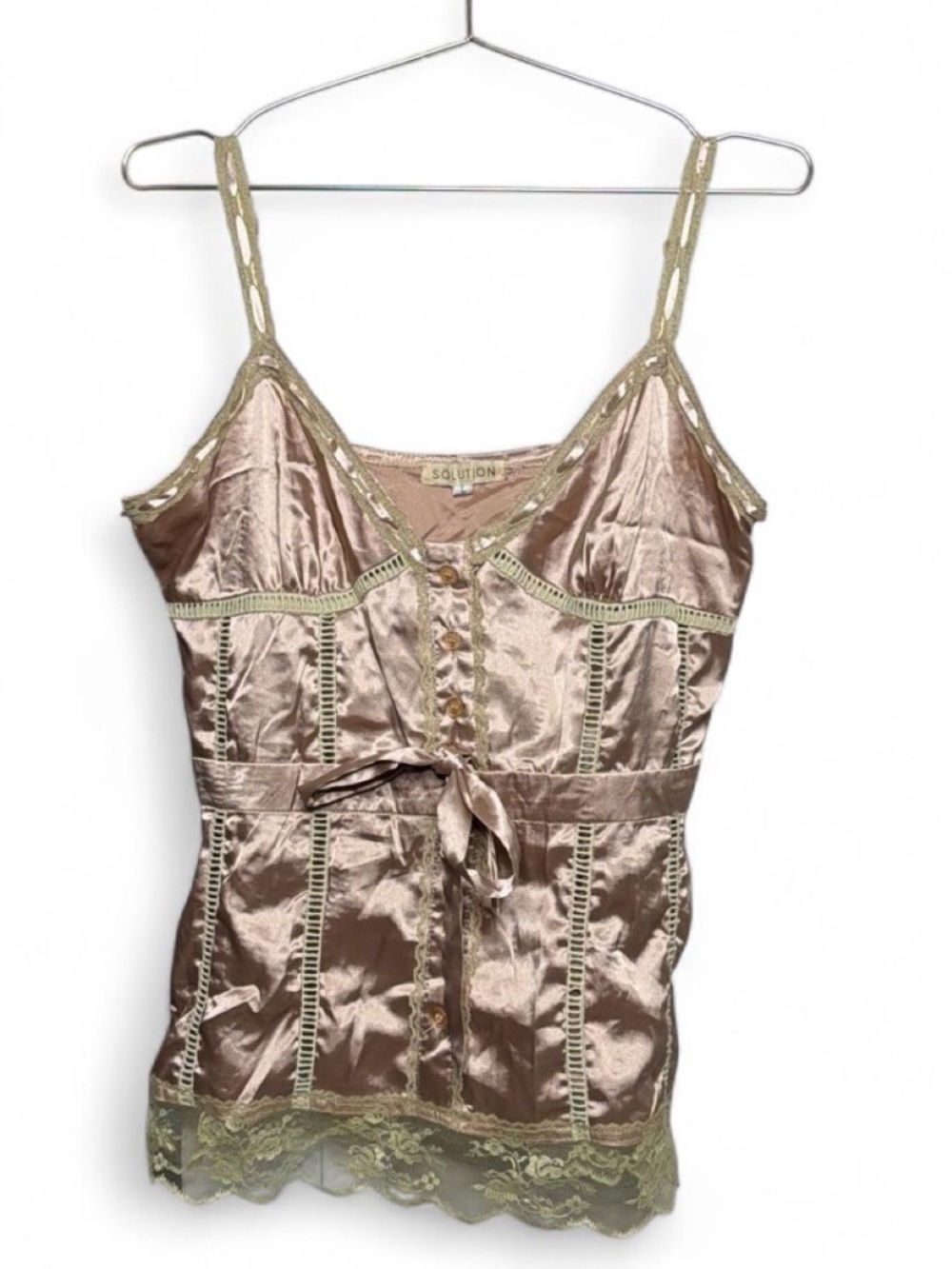 Solution Satin Blush Pink Lace-Trim Cami with Adjustable Tie